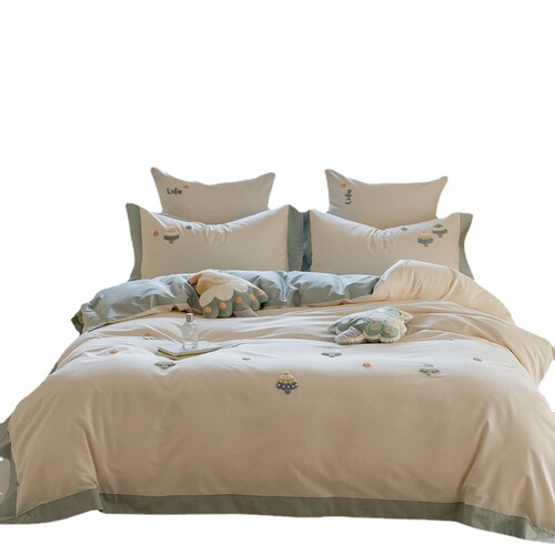ins style towel embroidery 100 count long-staple cotton four-piece set pure cotton cartoon pure cotton soft quilt cover 1.8 bedding