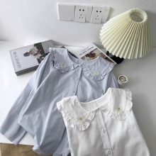 日系复古宽松刺绣白色长袖衬衫女休闲百搭衬衣打底衫2025新款5389