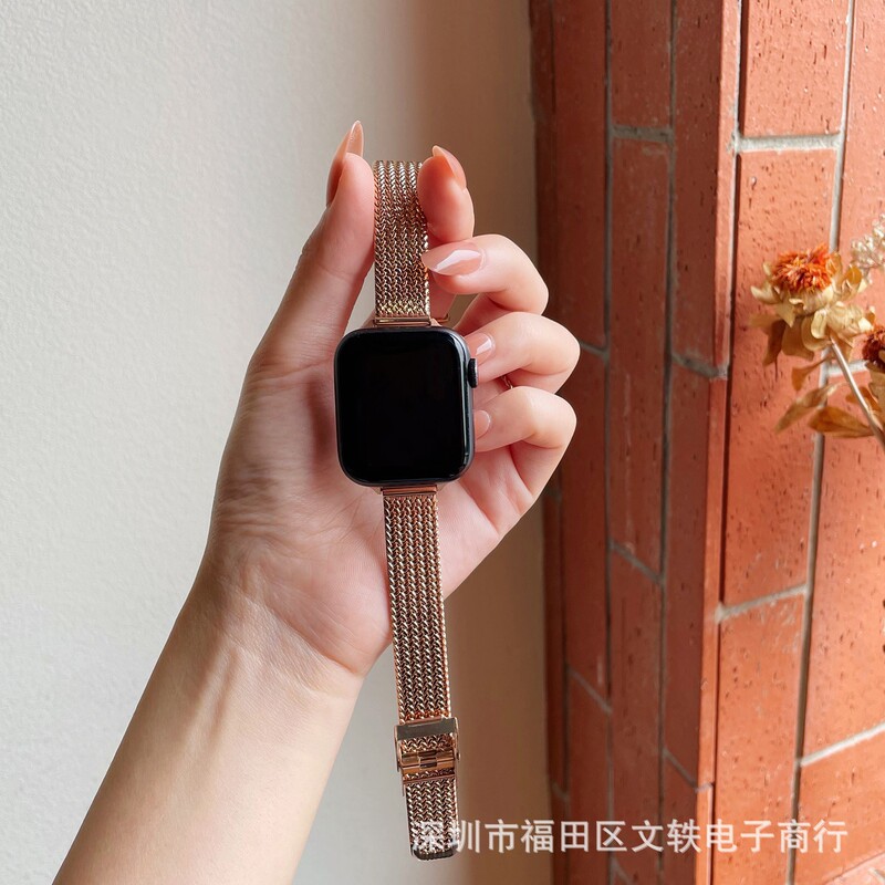 For Watch series7 Apple Watch Band iwatch3456 Generation Fashion Fine Wheat Pattern Metal Strap