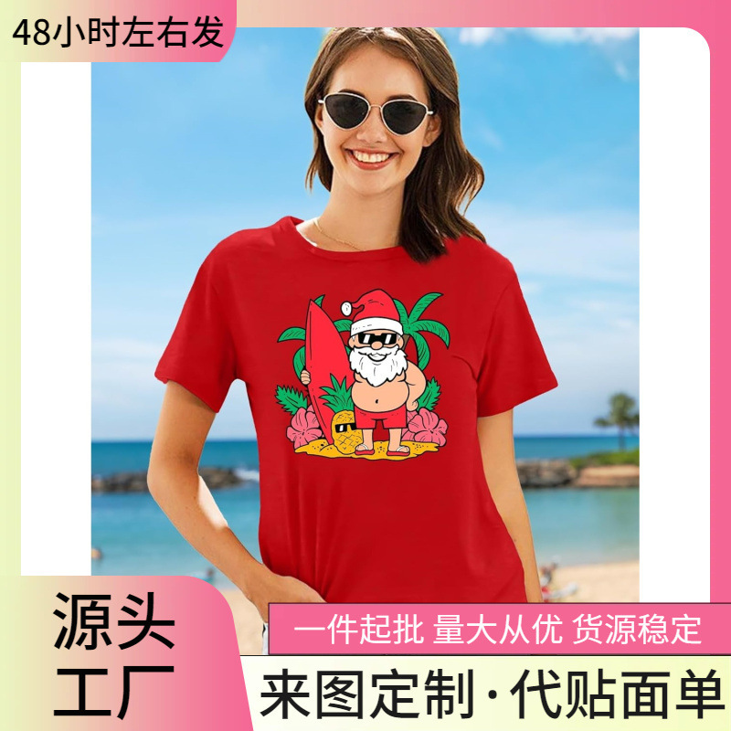 (European Size Cotton t) July Christmas Shirt Ladies: Santa Surfing Graphic T-Shirt Summer Beach