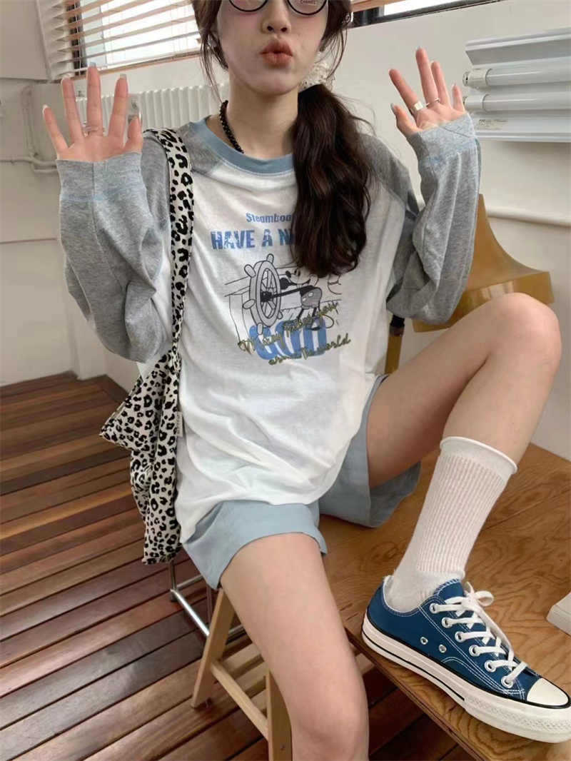 怠け者1点セット! 柔らかい雪の綿の漫画の衝突色の肩の袖の長袖のtシャツの中で長いタイプの休暇の日焼け止めの服