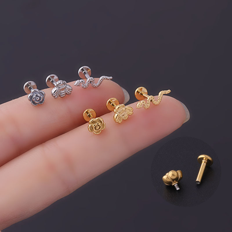 3g Weight Ear Studs Classification 316L Stainless Steel Material 316L Stainless Steel Ear Cartilage Rings & Studs Flower Snake Waterproof Non Tarnish Surgical Steel Women'S