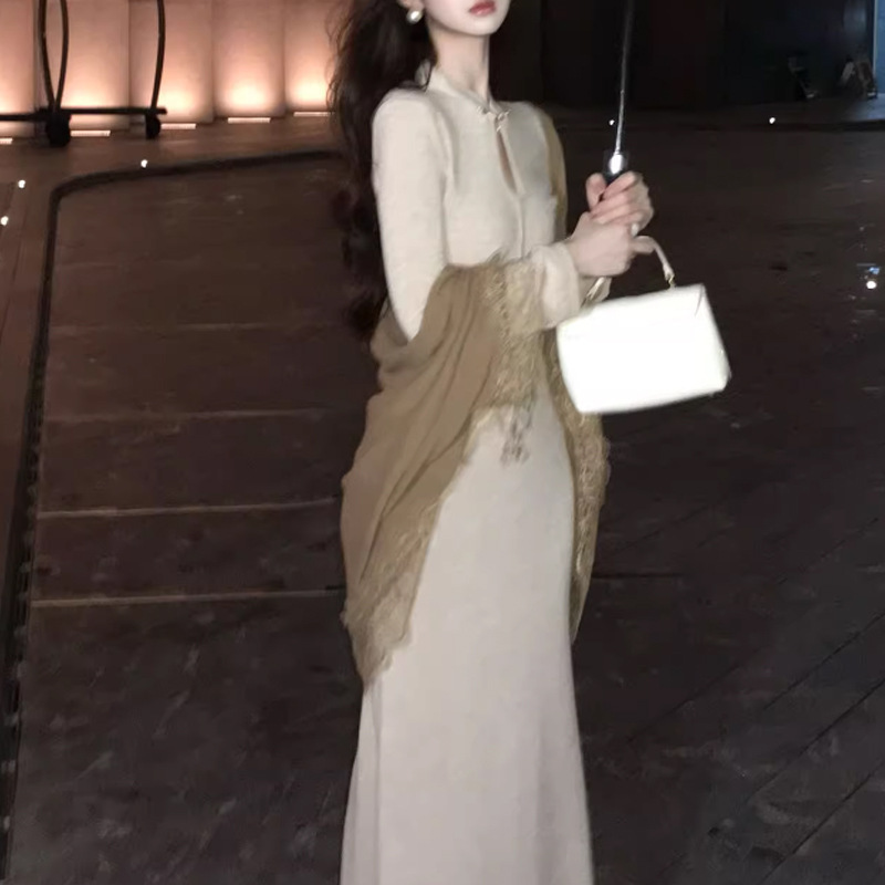 2025秋新中式巨好看的早秋连衣裙立领刺绣针织长裙开衫外套女套装|undefined