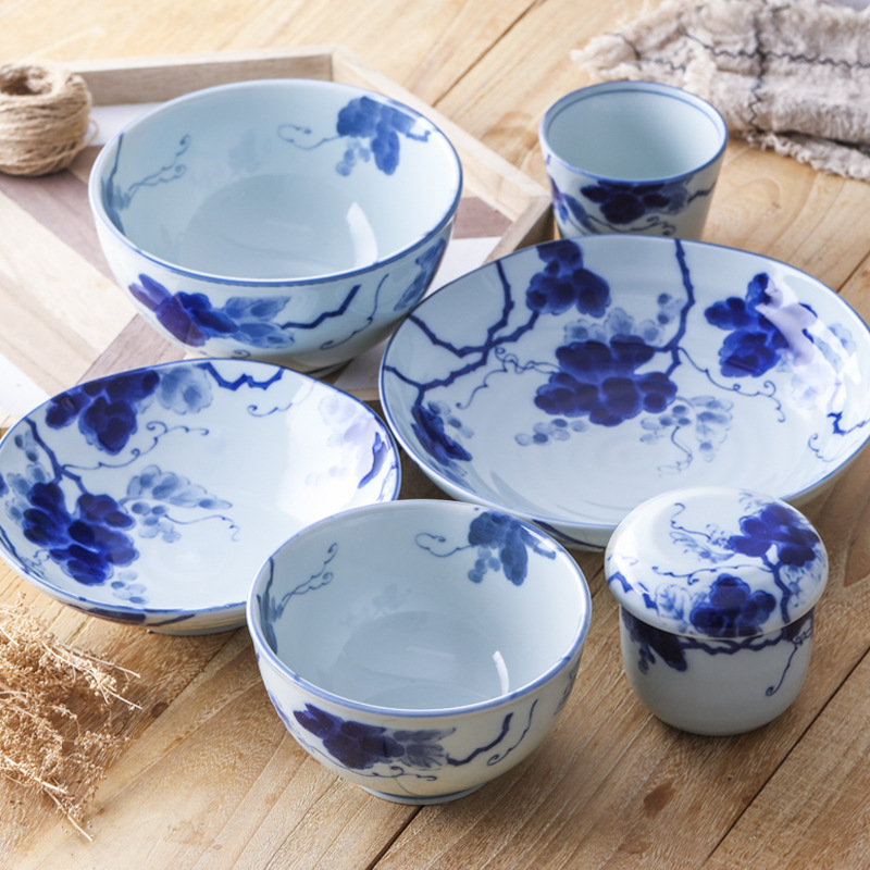 Japanese imported Meizhong ceramic bowl dish plate fruit plate deep bowl tea cup noodle soup bowl rice bowl blue dyed grape tableware
