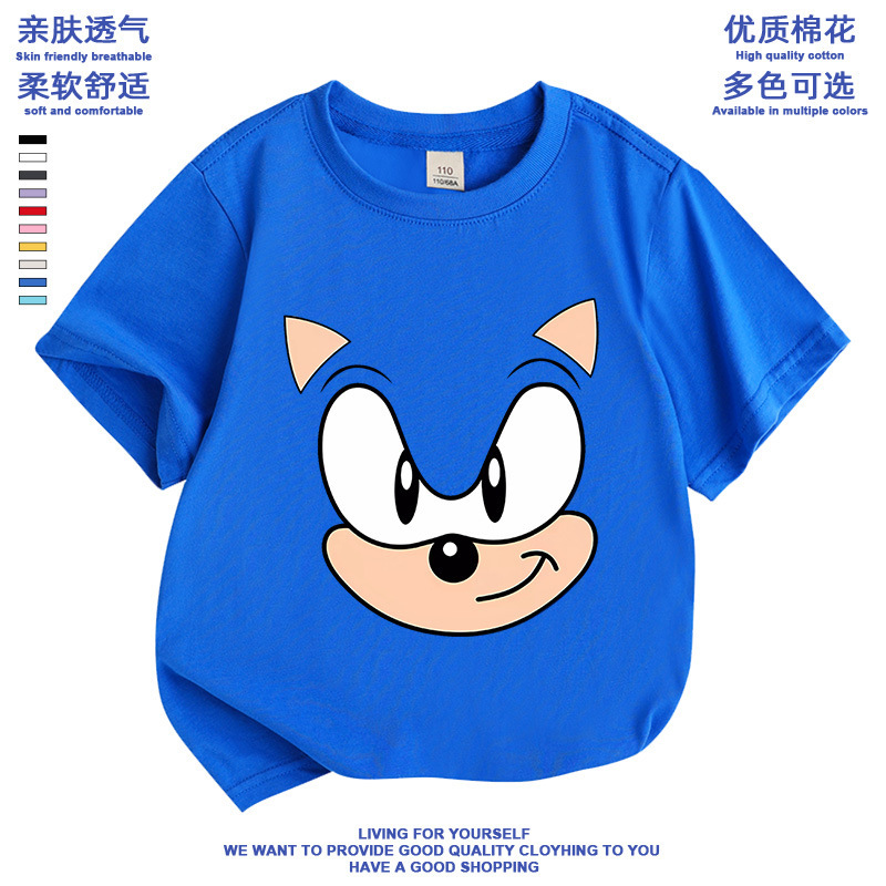 New Cartoon Cartoon Sonic Hedgehog Cotton Western Style Top Summer Men's and Women's Children's Fashion Casual Base Shirt New Cartoon Cartoon Sonic Hedgehog Cotton Western Style Top Summer Men's and Women's Children's Fashion Casual Base Shirt