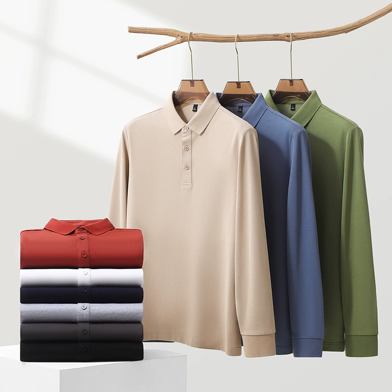 Али Тигр Осень Новый деловой мужской повседневный сплошной цвет с длинными рукавами рубашка с дном высокого уровня с отворотом рубашка POLOP