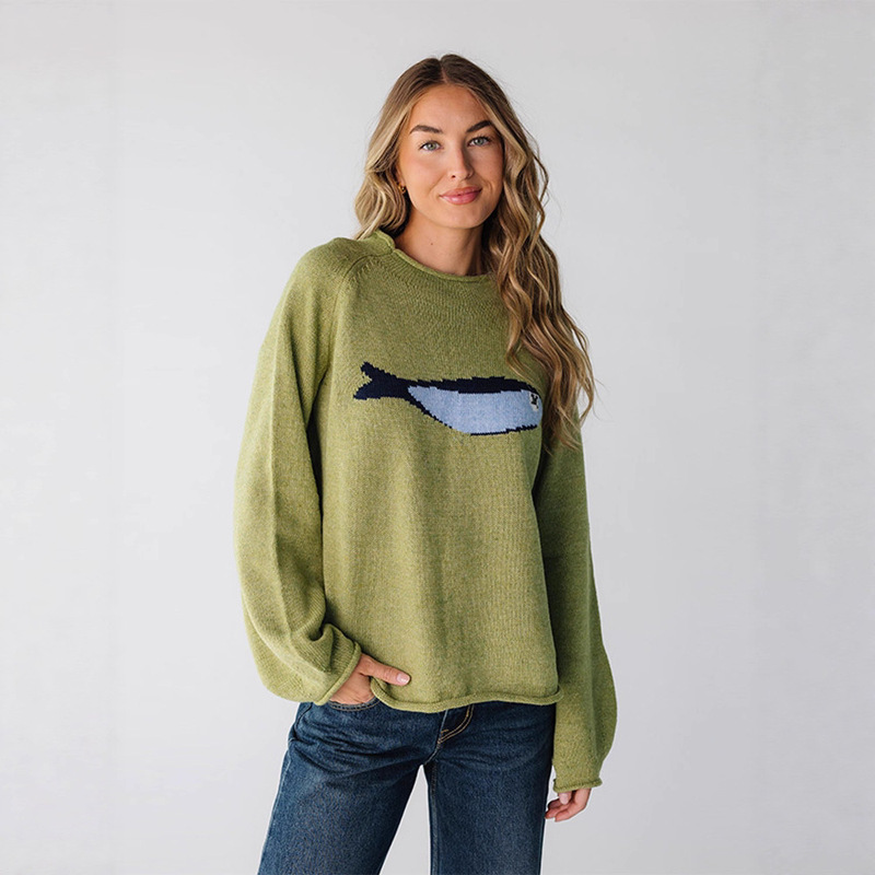 In-Stock Cross-Border Street Style Retro Versatile Knit Fish Crew Neck Sweater for Women, Loose Fit, Autumn and Winter Pullover, Casual and Slimming
