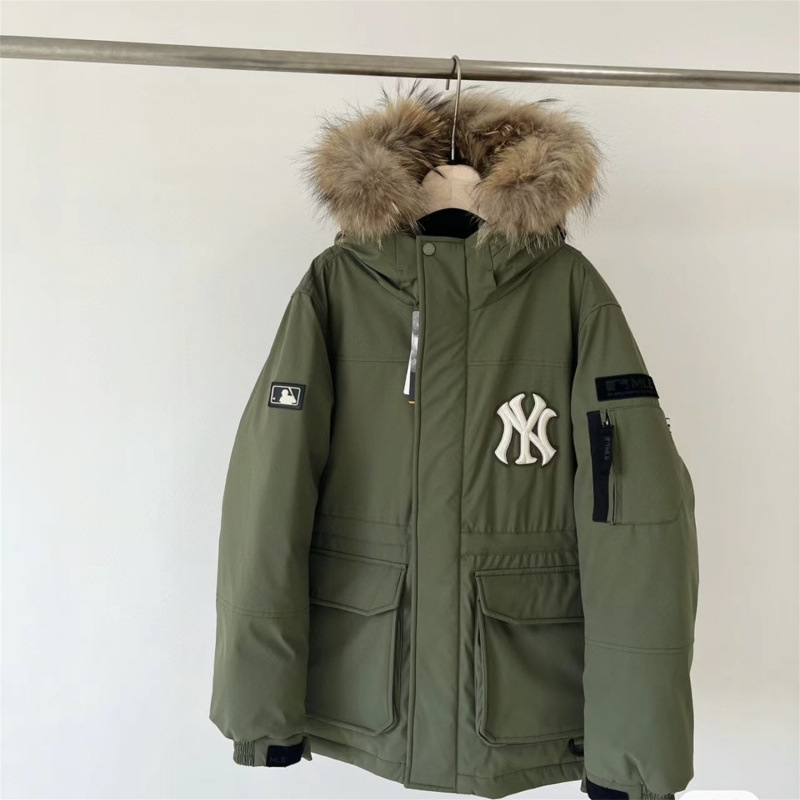 韩国跨境MLB羽绒服洋基队工装大毛领中长款男女款白鸭绒派克外套|undefined