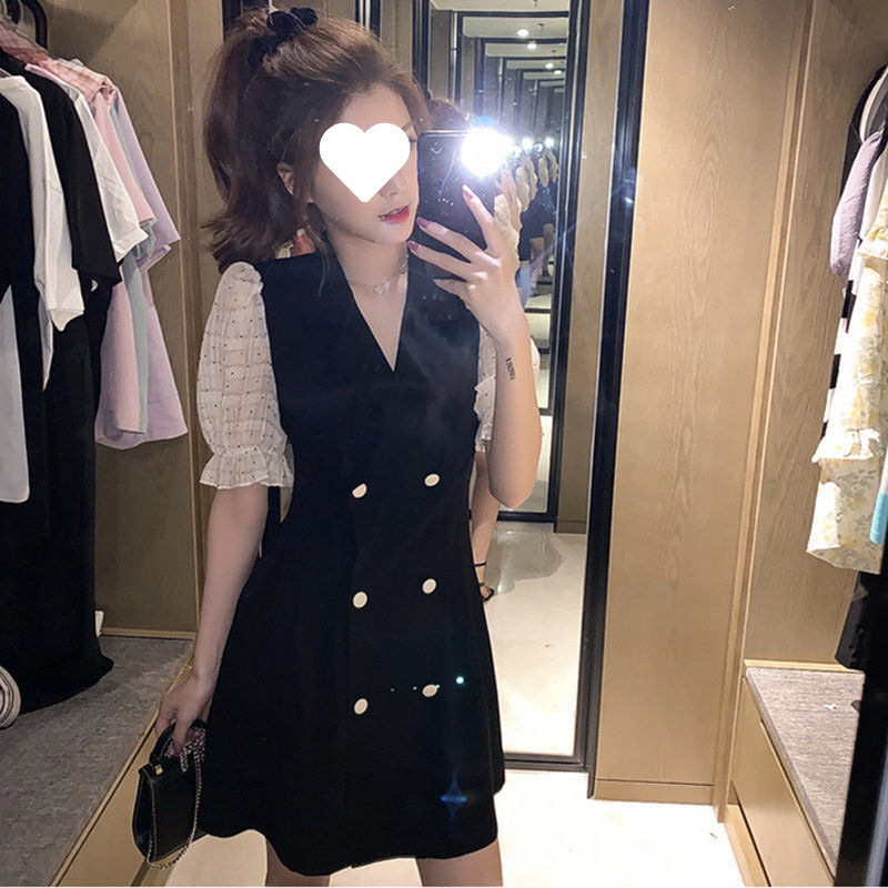 大码胖MM拼接假两件赫本连衣裙女夏季新款法式小众收腰显瘦黑色裙