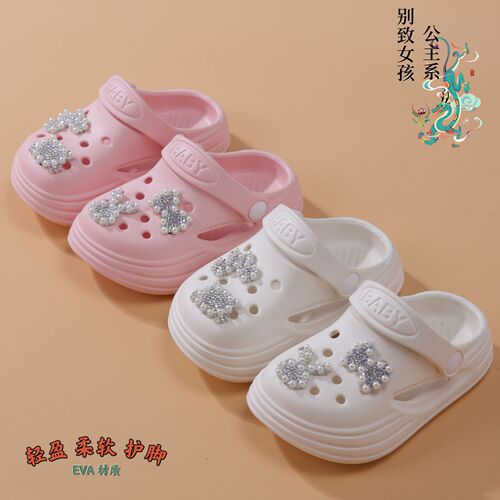 Girls 'hole shoes in summer, wearing bow, cute and fashionable baotou, wearing two feet, baotou beach sandals and sandals
