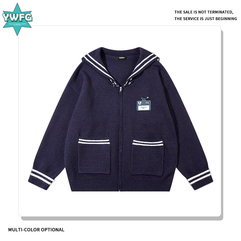 YWFG American Navy collar estilo de la Universidad 2023 otoño y el invierno las mujeres versátiles cardigan manga larga punto suéter abrigo image 3