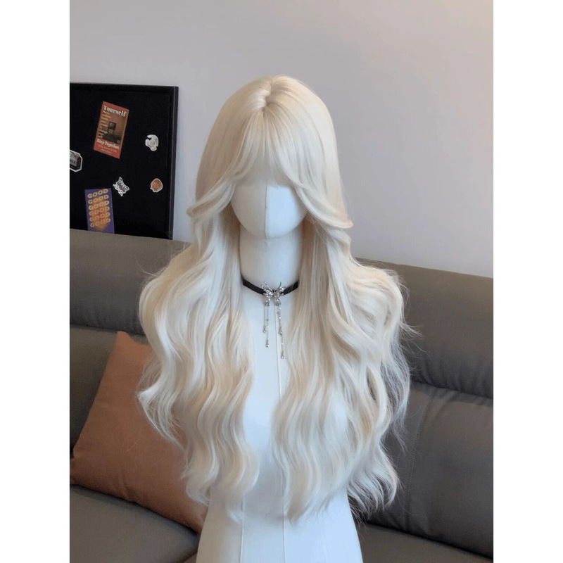 Cream White Blonde Wig Women's Mid-Slot Bangs Large Wave Long Curly Hair Light Color Elegant Wig Full Headgear Cream White Blonde Wig Women's Mid-Slot Bangs Large Wave Long Curly Hair Light Color Elegant Wig Full Headgear