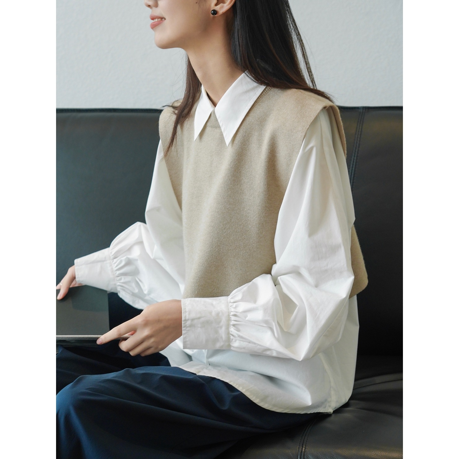 Lufu principios de otoño nuevo japonés de moda punto chaleco suelto cómodo apilado cintura Alta Chaleco casual chaleco para las mujeres image 6