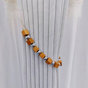 Wabi-Sabi Style Black Square Wooden Block Silver Beaded Curtain Decoration Tie Window Ornament Embellishment Tie Rope Accessory One Piece