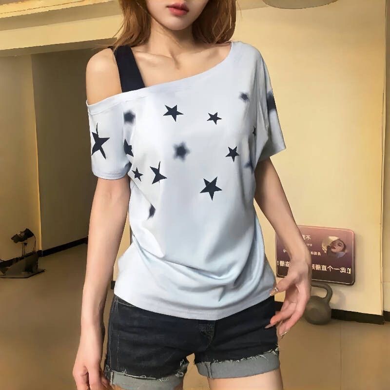 アメリカンスタープリント斜め肩サスペンダー半袖Tシャツレディース夏ニッチホットガールスタイルシックなデザイントップス新しいスタイル|undefined
