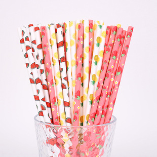 Cross-border Hot Selling Paper Straw Cool Summer Fruit Pattern Disposable Degradable Kraft Paper Dessert Party Decoration