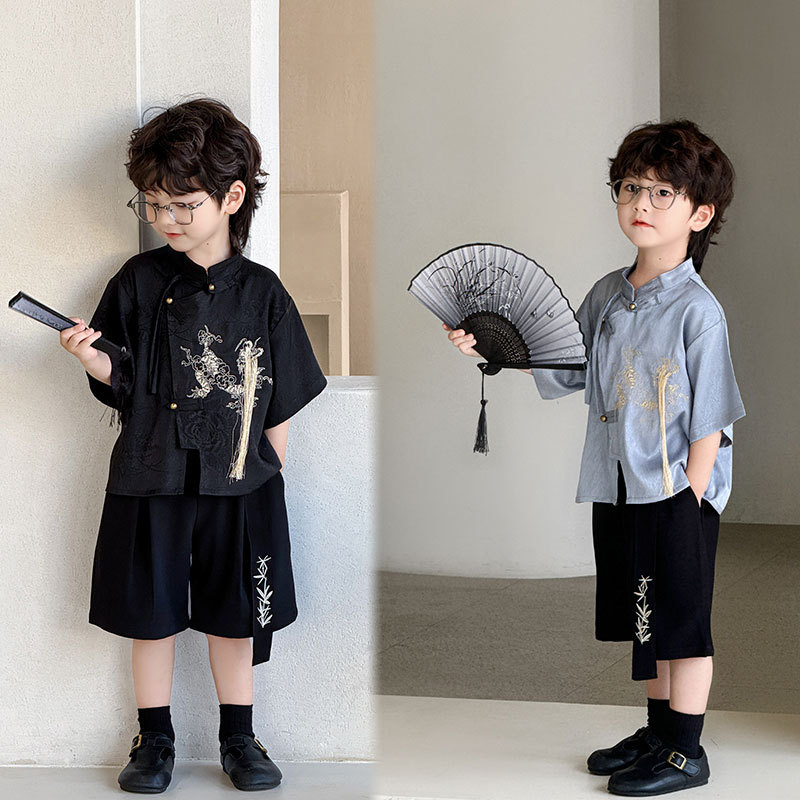 Boys Suit 2025 Summer New Stand Collar Kirin Embroidered Top Trendy Chinese Style Children's National Style One Piece Dropshipping