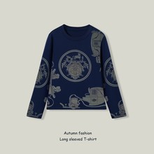 厂家直供90%棉10%涤纶纯棉打底衫女圆领长袖女印花时尚复古上衣女