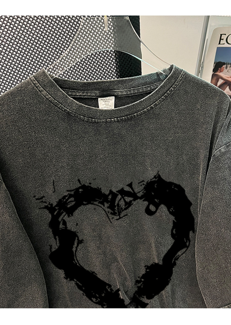 Washed Distressed Cotton Short Sleeved T shirt Women Loose All Match Mid Length Bottoming Shirt Trendy Brand Retro Top