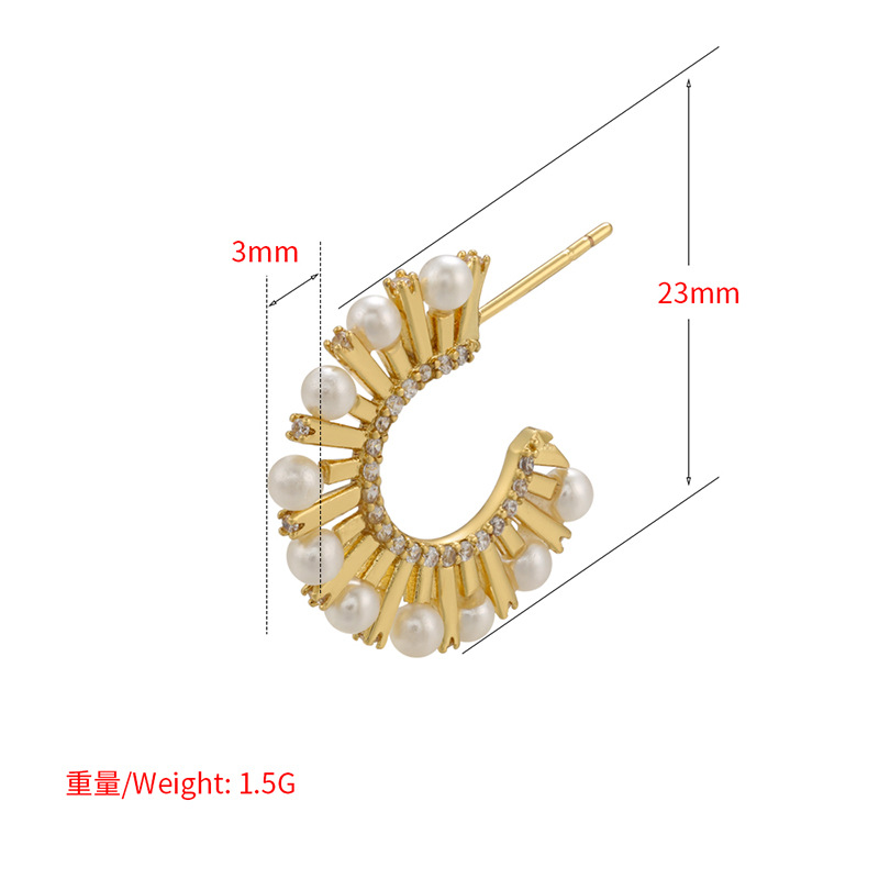 New Pearl Zircon C-shaped Copper 18K Gold Plated Stud Earrings