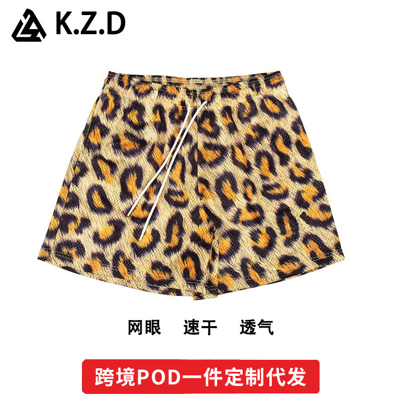 Leopard Print Sports Shorts Men's Summer Mesh Breathable Quick-drying Knee-free Quad Pants American Retro Training Basketball Pants