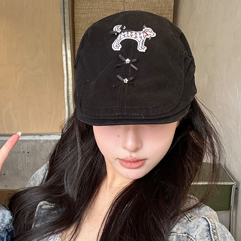 Cute perro negro anti-avance sombrero coreano in nicho diseño de cabeza grande cara pequeña boina verano