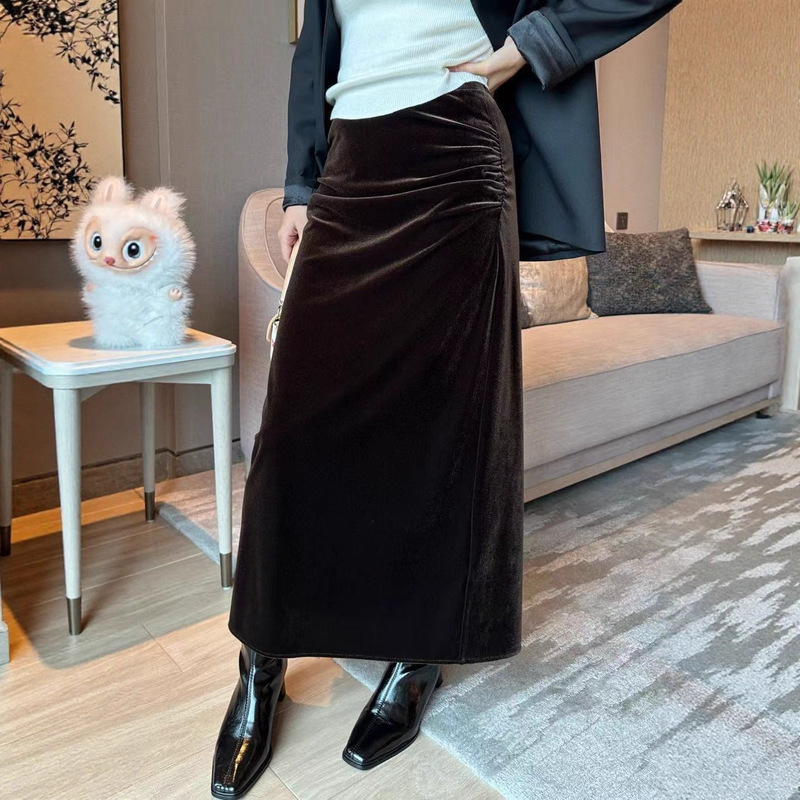 法式优雅丝绒褶皱半身裙女秋季新款松紧高腰修身显瘦后开叉长裙子|undefined