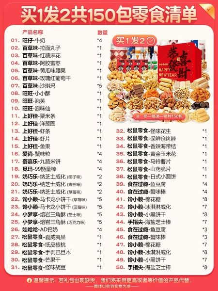 2×150 пакетов (Baicaowei, Squirrel, брендовые снеки, Wangzai, AD кальций), случайный подарочный набор