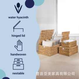 跨境寿葫芦草编织收纳筐翻盖式大容量卧室衣物被褥整理筐玩具筐