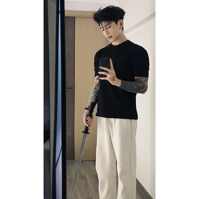 Hairstylist Trendy Brand Men's Clothing Cuffed Sleeve T-Shirt, Cool and Stylish, High-End Feel, Quick-Dry Short Sleeve, Summer Muscle-Enhancing Half-Sleeve