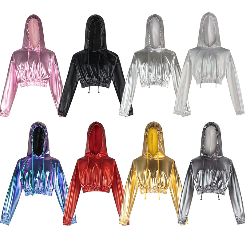 Halloween cos Dress Bright Leather Sexy Navel Hooded Long-Sleeved Pullover cos Performance Dress Fantasy Laser Women's Sweater