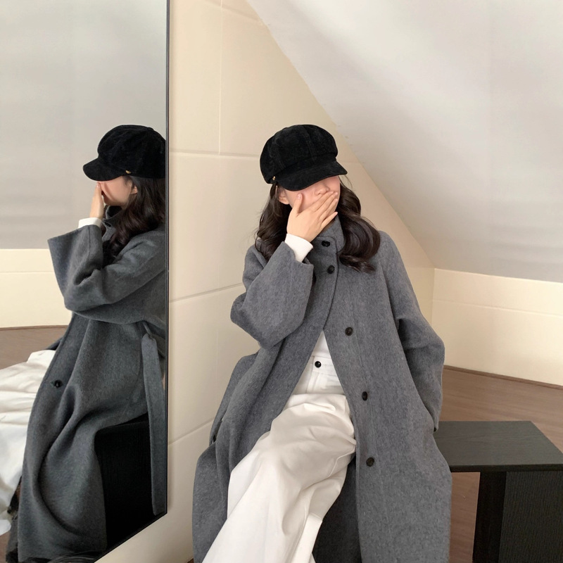 New Stand-Up Collar Korean Style Double-Sided Cashmere Coat for Women, Loose Fit, Simple Retro Design Wool Coat for Autumn and Winter