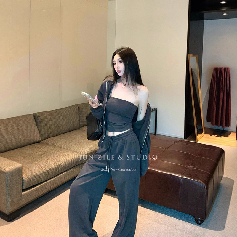 Sports Suit, Hooded Sweatshirt, Jacket, Zipper Cardigan Top, Tube Top, Loose Wide-Leg Casual Pants for Women