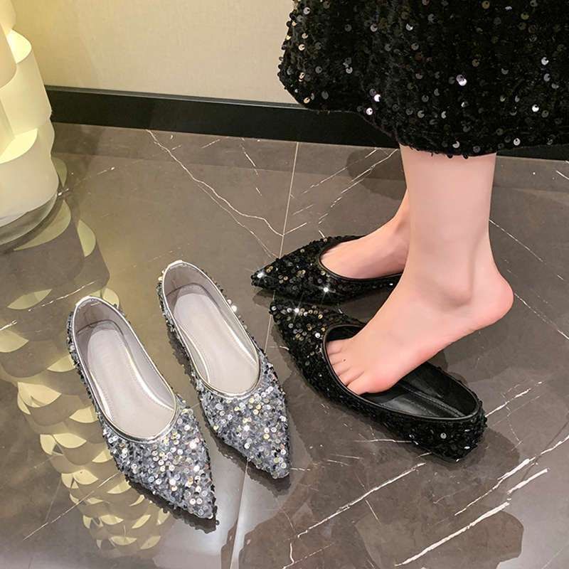 Korean Style Summer Gentle Temperament Fairy Style Pointed Sequins Flat Wedding Shoes 2024 Banquet Shoes