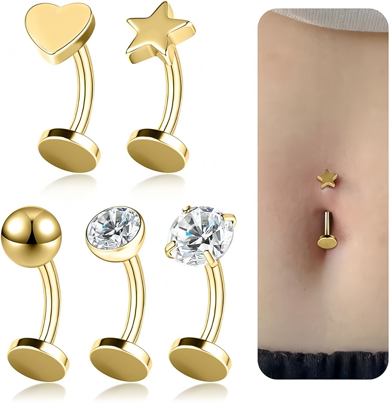 Piercing de umbigo elegante com zircônia e pérola em aço_voghion.com