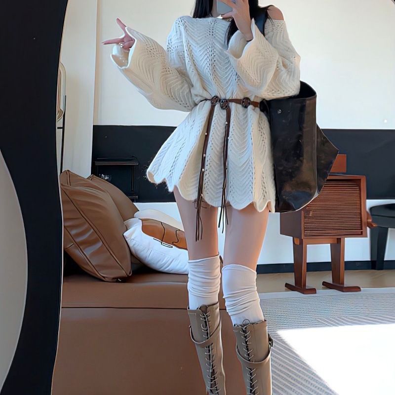 韩系不规则花边镂空针织上衣女秋温柔风休闲甜美露肩宽松套头毛衣|undefined