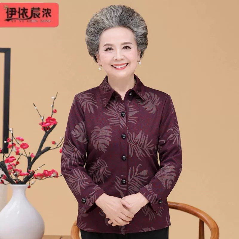 Весенняя Женская Толстая рубашка, одежда для бабушки 2024, женская одежда среднего и пожилого возраста, тонкое пальто с лацканами и принтом для тещи для женщин
