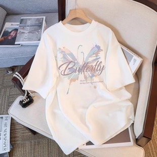 White Round Neck Short-sleeved T-shirt Women's 2024 Summer New Design Sense Fashion All-match Butterfly Printed Top Trendy