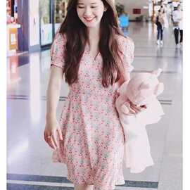 2022夏装明星赵露思同款碎花连衣裙V领短裙法式少女桔梗裙超仙雪