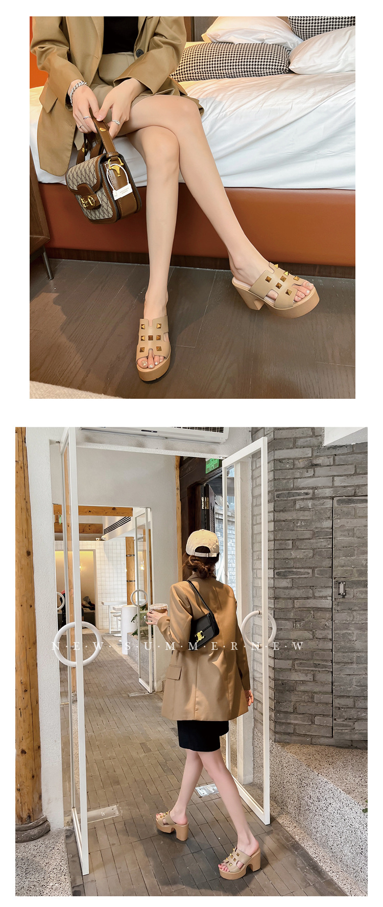 Sandal cao gót nữ hở mũi đinh tán phong cách châu Âu, gót thô đế xuồng, dáng lười tiện lợi — màu mơ chi tiết 12