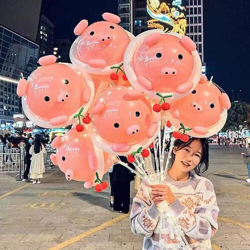 Internet celebrity Bobo Ball Pig Balloon Birthday Decoration Scene Layout Cartoon Luminous Balloon Pig Head Stick Inflatable Toy
