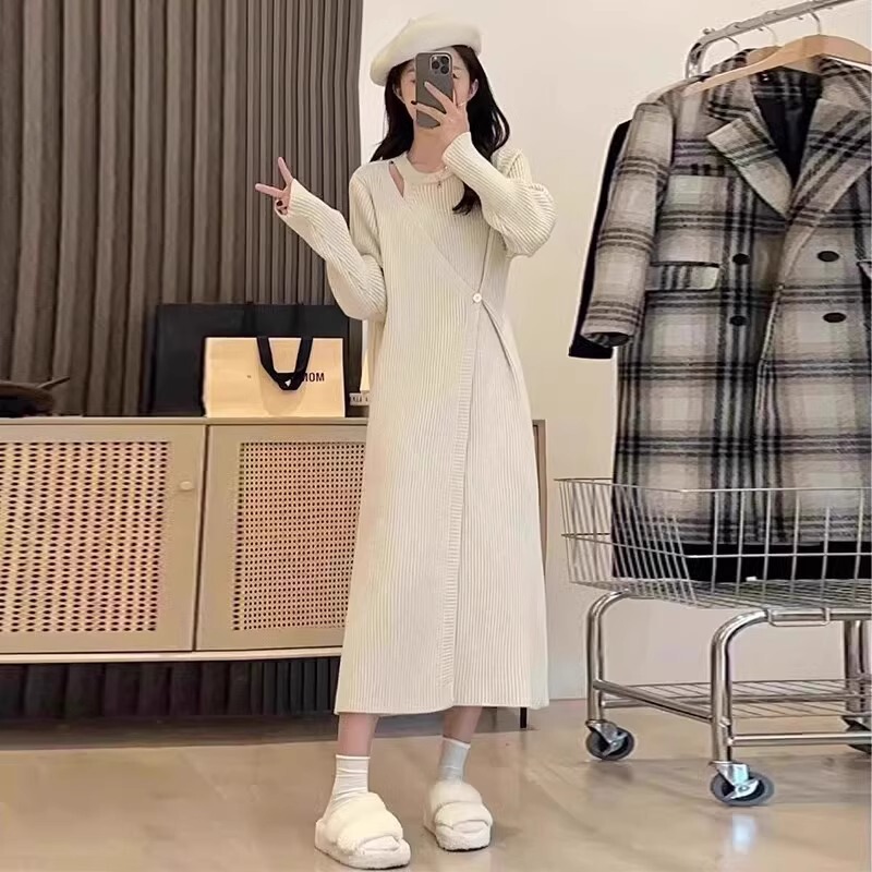 Knitted inner neck hanging white dress children autumn and winter 2024 new small long sweater base dress