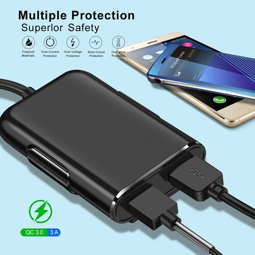 40W 8A QC3.0 front and rear seat car charger fast charging one to four 4USB multi-port flash charging car charger with cable