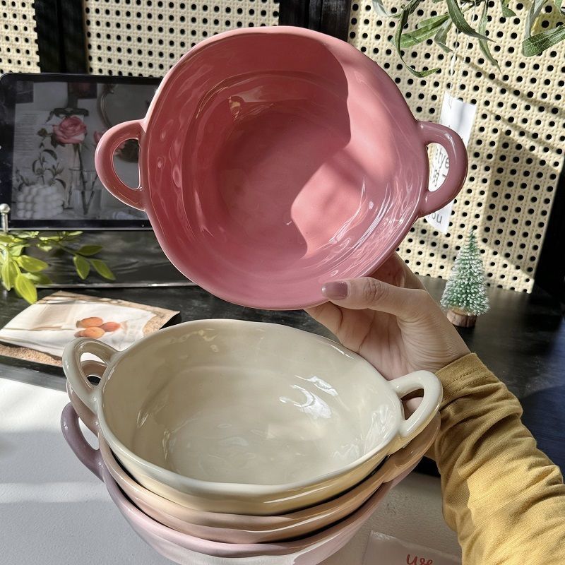 Ceramic Bowl Hand-Kneaded Irregular Double-Eared High-Looking Internet Celebrity Soup Bowl Household Fruit Salad Instant Noodles