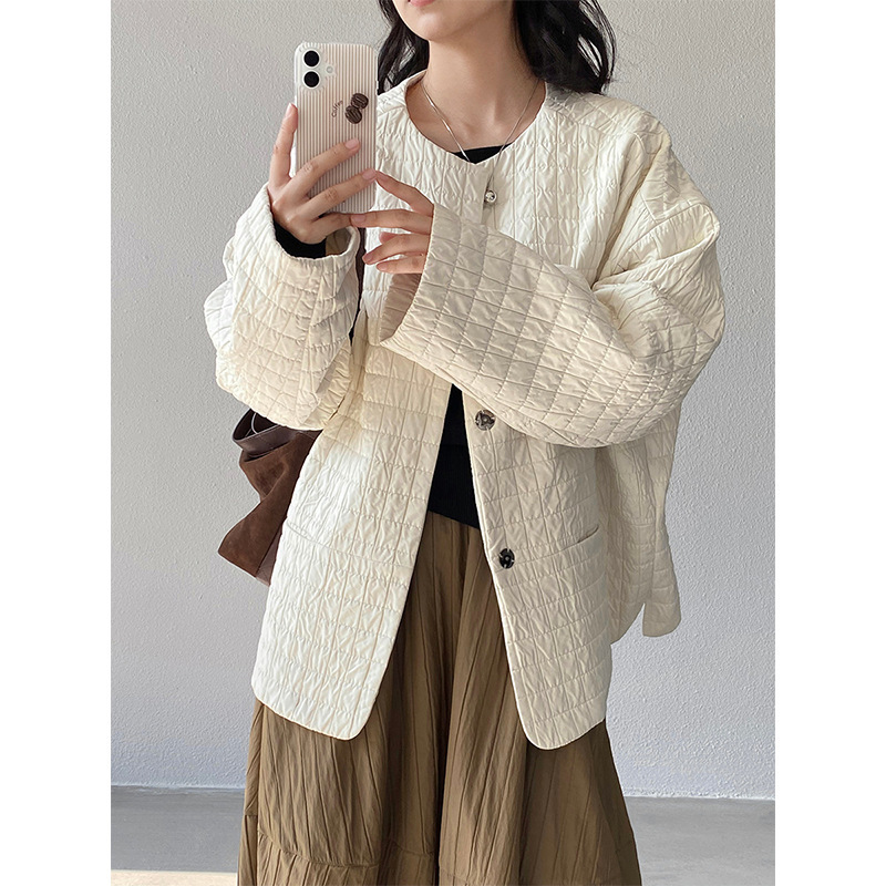 Jiangzuo Premium Private Collection! Thin Cotton Collarless Quilted Silhouette Old Money Style Women's Autumn and Winter Cotton Jacket 1701