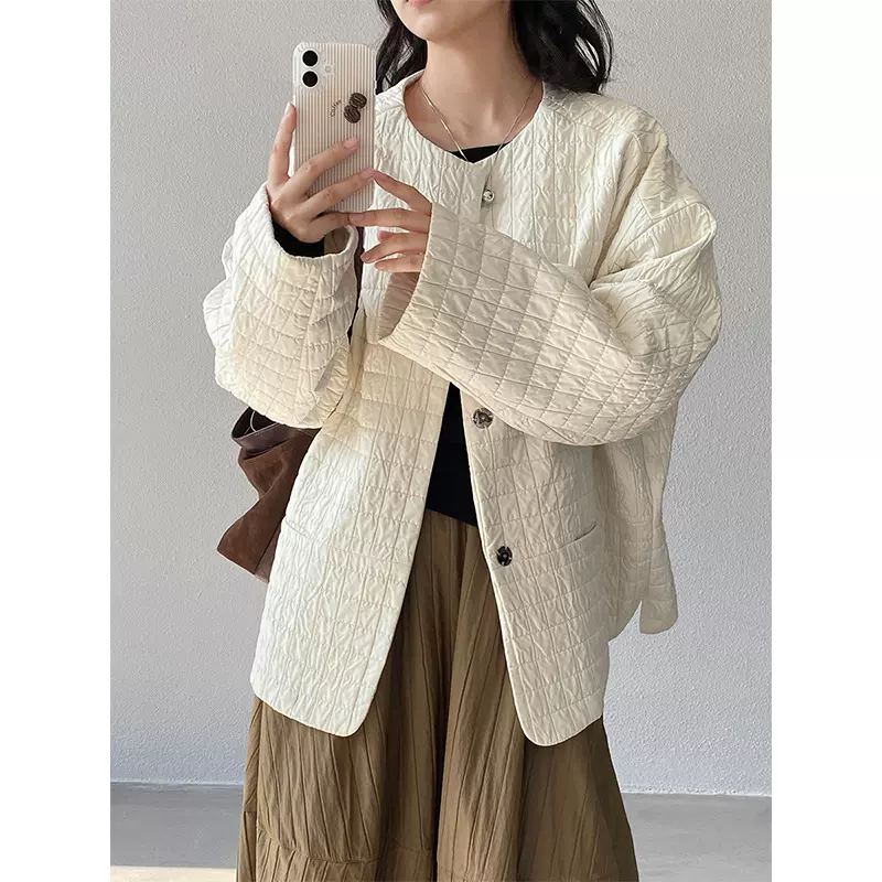 江左 重磅私服！薄棉无领净版绗缝廓形老钱风上衣女秋冬棉服 1701