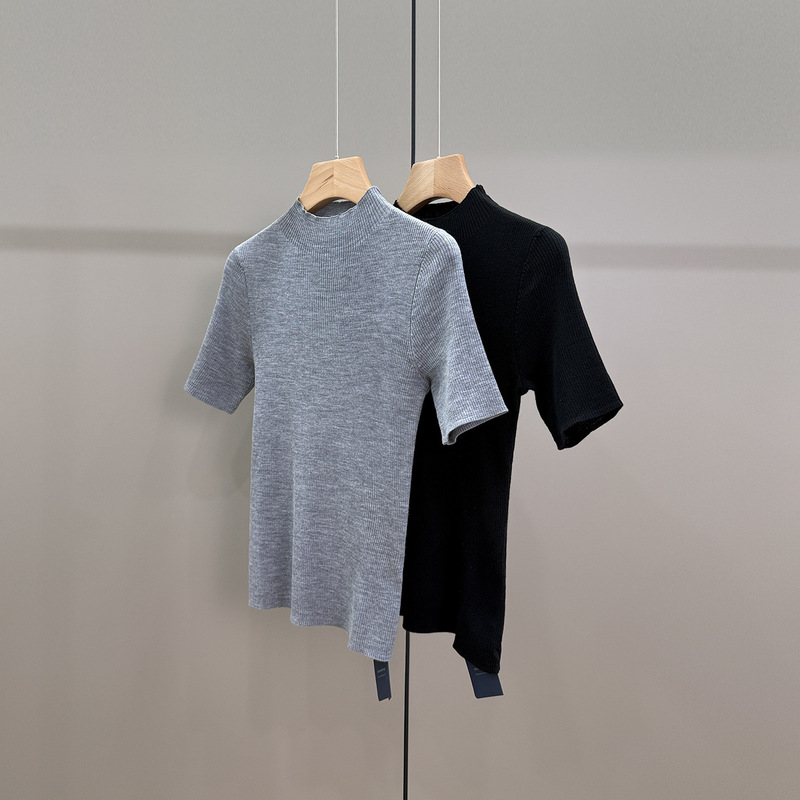 Th Same Style German Yangtze Yarn 120 Count 18-Gauge Fine-Spun All-Wool Short-Sleeve Women's Half-High Round Neck Slim-Fit Knit Top