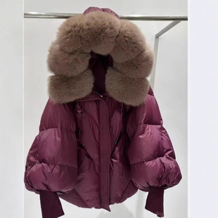 2025 Winter New Mid-Length European Style Real Big Fur Collar Hooded down Jacket for Women Thickeneded Warm Knitted Sleeve Jacket for Women