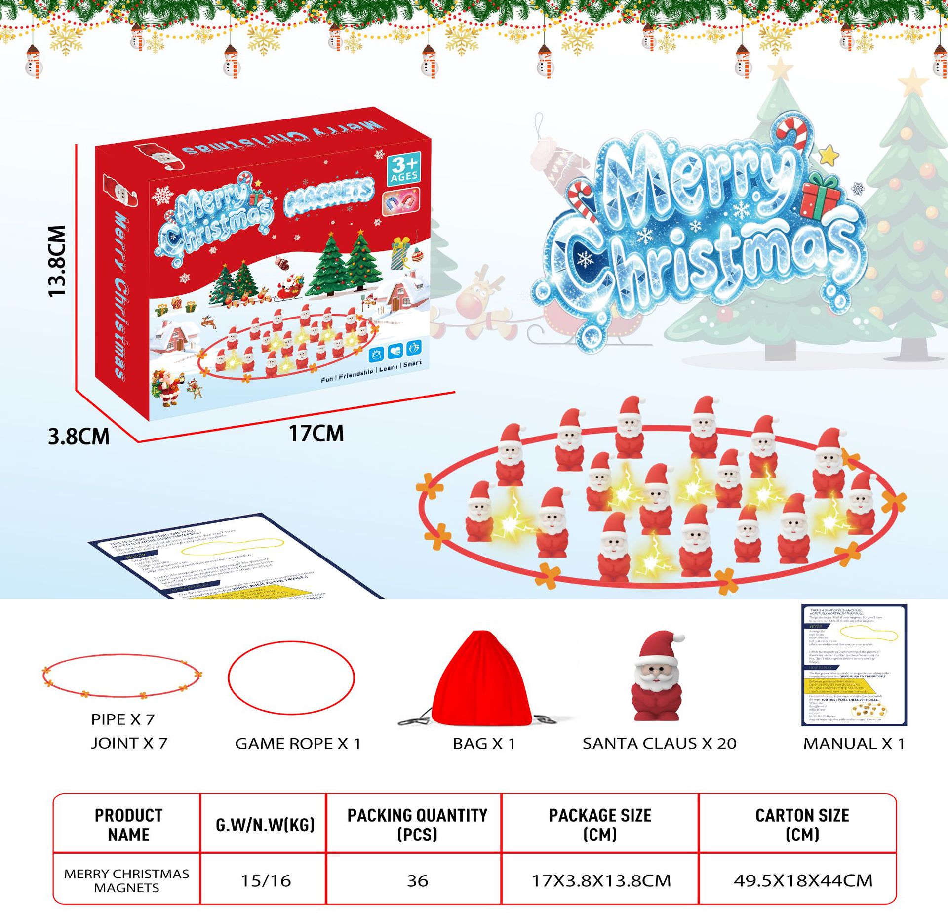 【Version Anglaise Boîte Couleur Corde】Échecs Magnétiques Père Noël (20 Pièces + Corde + Sac de Rangement)