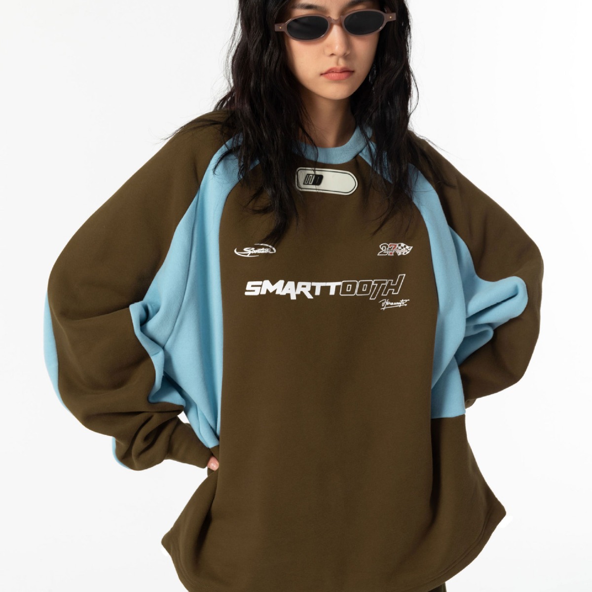 春季美式复古印花撞色嘻哈潮牌拼接小众宽松oversize情侣卫衣男女